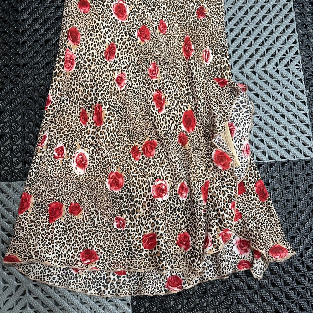 Dorothy Perkins Euro Leopard Rose Print Ruffle Midi Skirt Brown Red Size 8UK - Picture 2 of 8